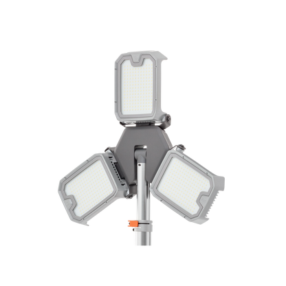Studio image of a construction site light with multiple LED panels.