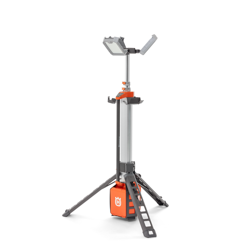 Studio image of a construction site tripod work light with adjustable height and LED lamp.