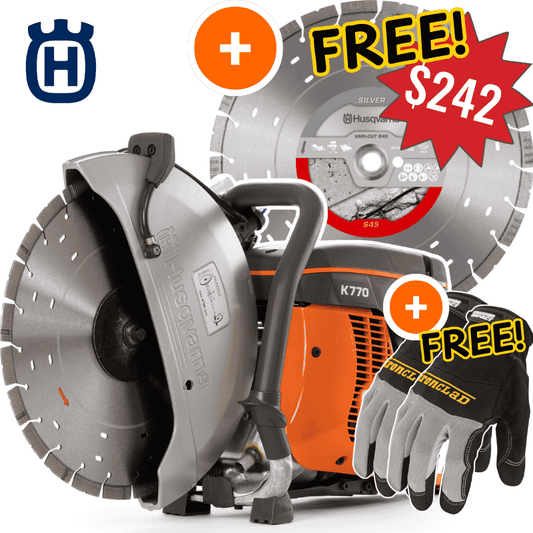 Husqvarna K770 Concrete Saw + FREE S45 Pro Blade + FREE Ironclad Gloves