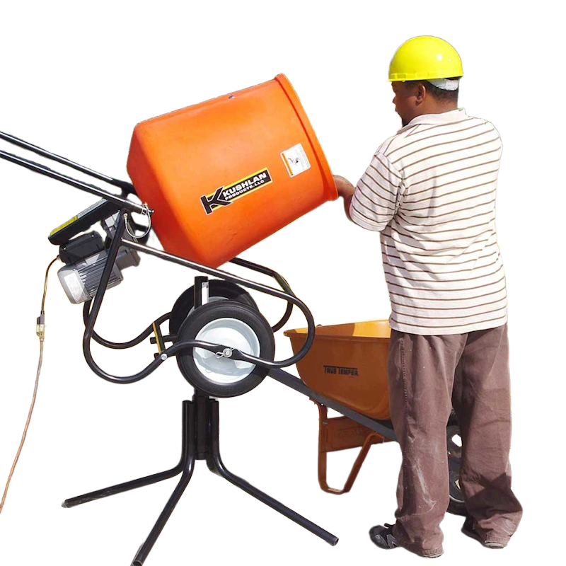 Kushlan 350DD cement mixer with 3/4 HP electric motor, 3.5 cu. ft. capacity drum, and retracting steel handles.