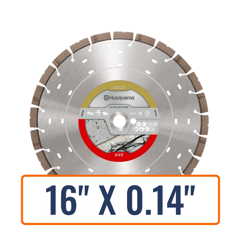 Masonry blades of the Elite-Cut S45 from Husqvarna's Gold Series designed for efficient cutting in reinforced concrete.