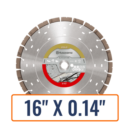 Masonry blades of the Elite-Cut S45 from Husqvarna's Gold Series designed for efficient cutting in reinforced concrete.