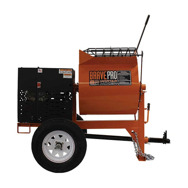 Brave Mortar Mixer with gas-powered 8-cubic foot steel drum for tough construction jobs. Features safety grid, emergency stop
