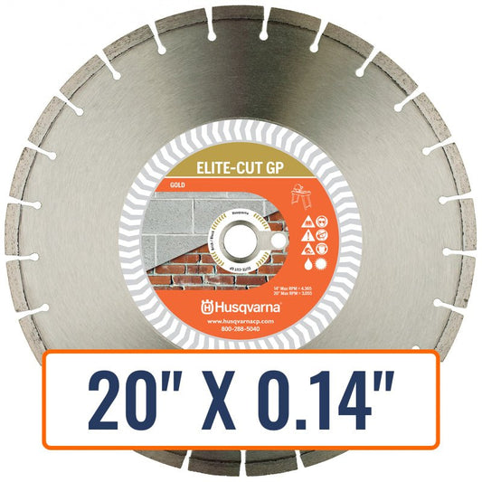 Masonry saw blades, specifically the Husqvarna ELITE-CUT Diamond Saw Blade, designed for cutting block and brick in wet conditions.