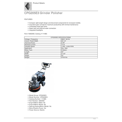 Concrete Surface Grinder/Polisher - Core Prep CPG205E3 - 20.25" - 5HP