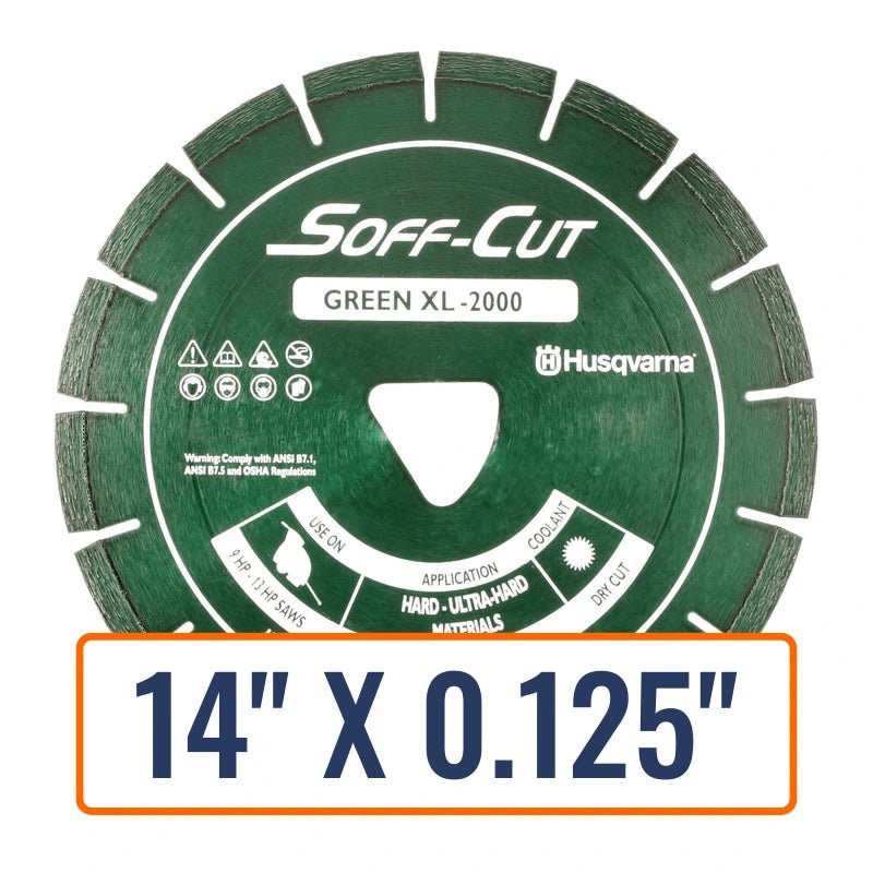 Soft cut concrete saw blades, specifically the Husqvarna Excel 2000 Series Green Diamond Saw Blade, perfect for efficient, precision cutting.