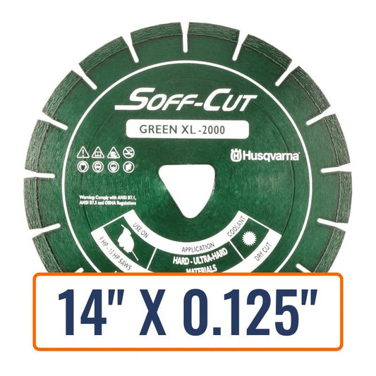 Soft cut concrete saw blades, specifically the Husqvarna Excel 2000 Series Green Diamond Saw Blade, perfect for efficient, precision cutting.