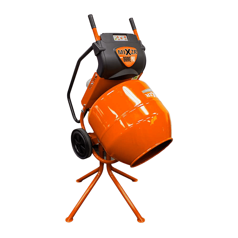 Brave MIXZR 5 cu ft concrete mixer: compact, sturdy, versatile for small jobs with 5.5 cu ft drum capacity & flat-free tires.