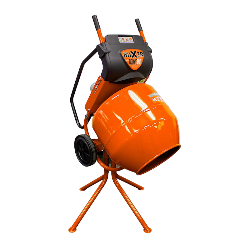 Brave MIXZR 5 cu ft concrete mixer: compact, sturdy, versatile for small jobs with 5.5 cu ft drum capacity & flat-free tires.